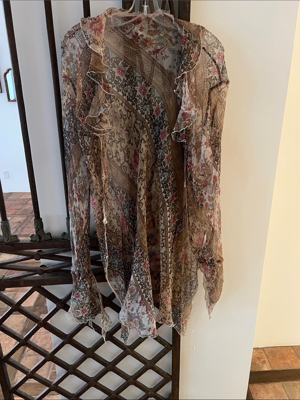 Sheer Floral Paisley Robe Kimono - Beige Pink